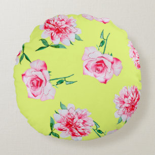 Cojín Redondo Rosas y patrón de ilustracion acuático Peonies