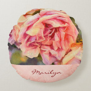 Cojín Redondo Roses rosadas pálidas en Monogramo Damask