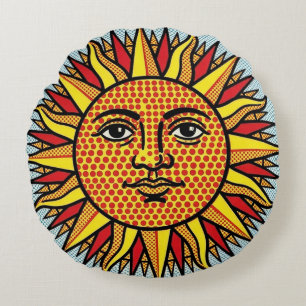 Cojín Redondo Rostro del Sol Celestial Estilo de Arte Pop Comic