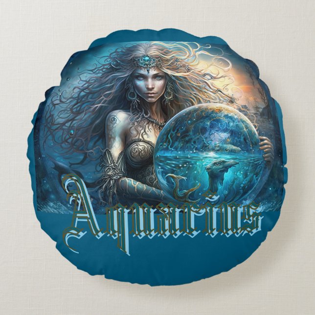 Cojín Redondo Rótulo Aquarius Zodiac (Anverso)