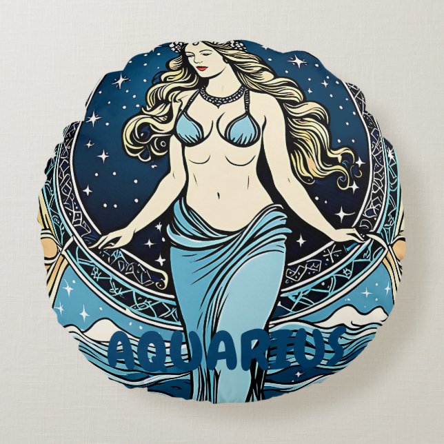 Cojín Redondo Rótulo Astrología de Aquarius (Anverso)