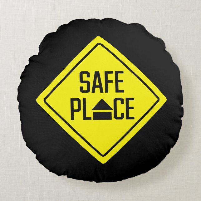 Cojín Redondo Rótulo de lugar seguro amarillo para los jóvenes | (Anverso)