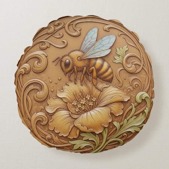 Cojín Redondo Round Cushion wood carving effect - bee (Anverso)