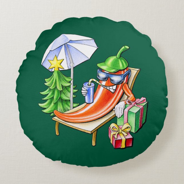 Cojín Redondo Round Green Funny Xmas Chili Sunbathing (Anverso)