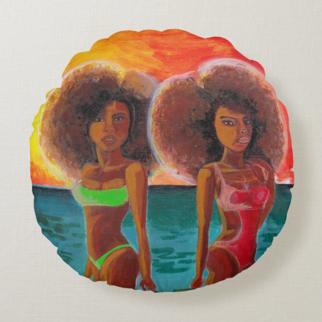 Cojín Redondo Round Pillow pintura única de dos Chicas de playa (Anverso)