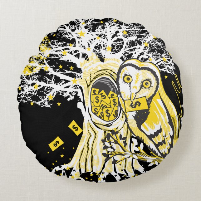Cojín Redondo Round Pillow – Urban Tree Owl & Wealth Surreal Pop (Anverso)