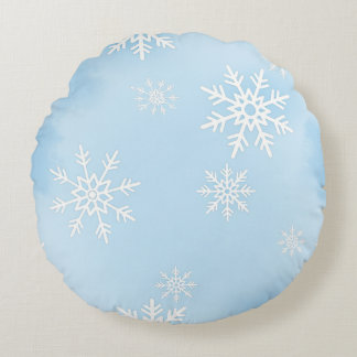 Cojín Redondo Round Pillow with White Snowflakes on Blue Backgr