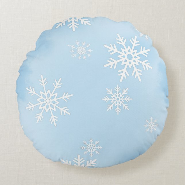 Cojín Redondo  Round Pillow with White Snowflakes on Blue Backgr (Anverso)