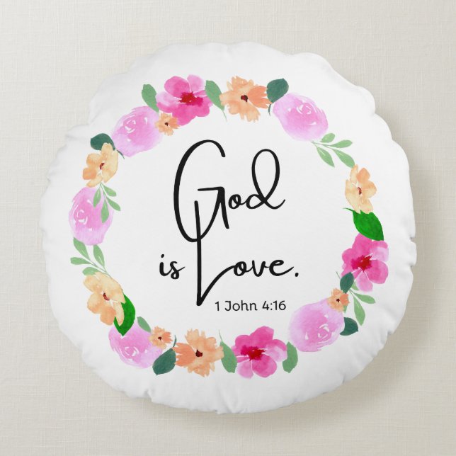 Cojín Redondo Round Throw Pillow God is Love Bible Verse (Anverso)