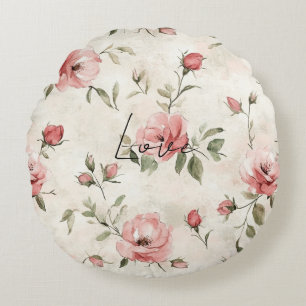 Cojín Redondo Rubor de Crema Rosas Rosadas Floral