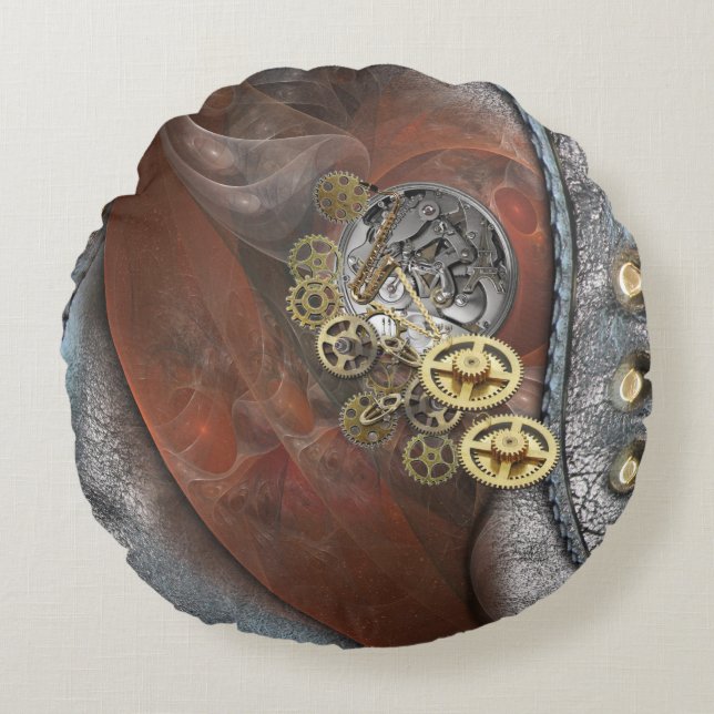 Cojín Redondo Ruedas de tiempo sobre cuero (Anverso)