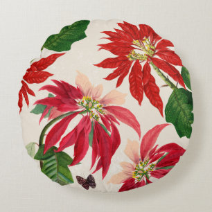 Cojín Redondo Ruido Rojo Acuarela Poinsettia Verdor Floral