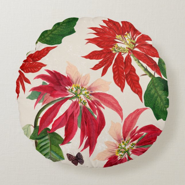 Cojín Redondo Ruido Rojo Acuarela Poinsettia Verdor Floral (Anverso)