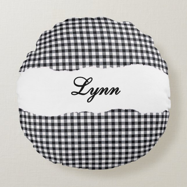 Cojín Redondo Rustic Black Gingham Personalized Name (Anverso)