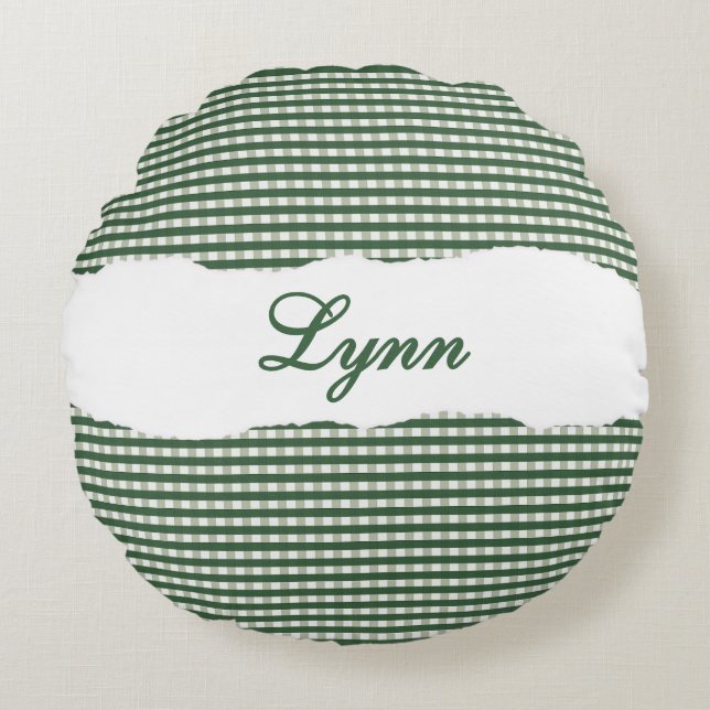 Cojín Redondo Rustic Green Gingham Personalized Name (Anverso)