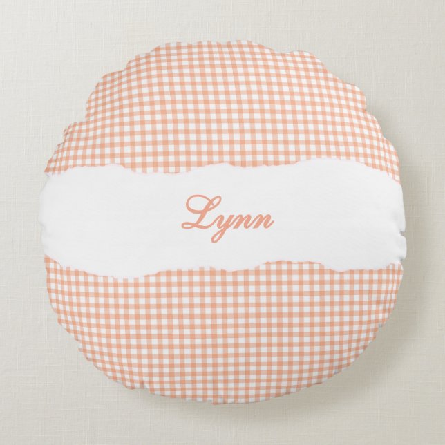 Cojín Redondo Rustic Orange Gingham Personalized Name (Anverso)
