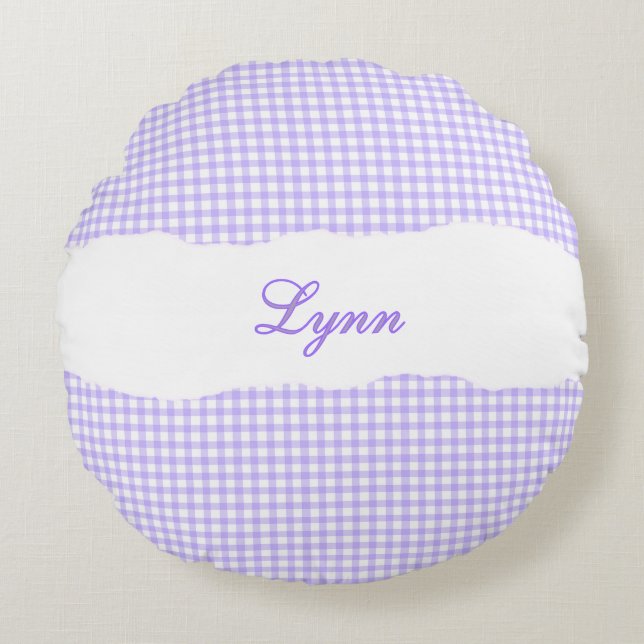 Cojín Redondo Rustic Purple Gingham Personalized Name (Anverso)