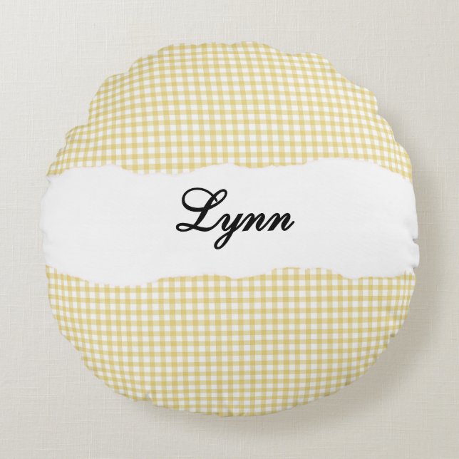 Cojín Redondo Rustic Yellow Gingham Personalized Name (Anverso)