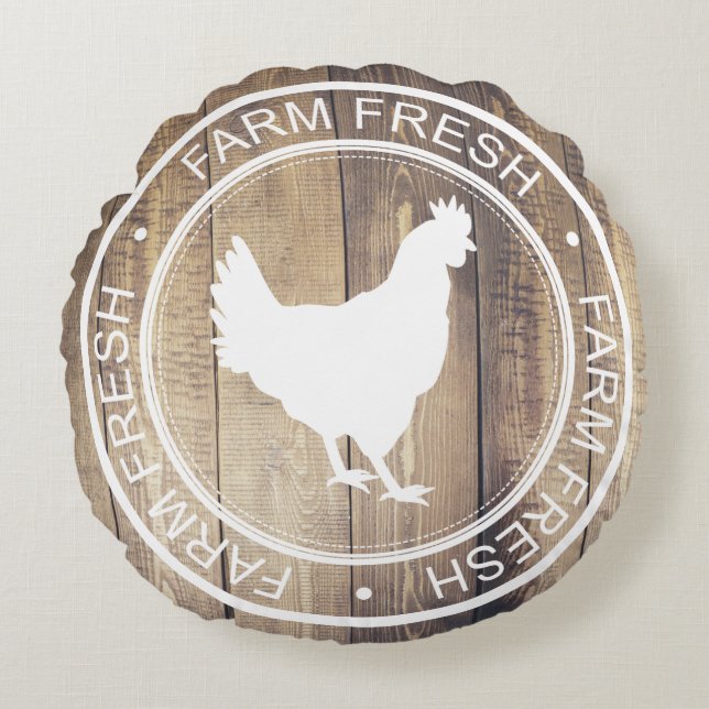 Cojín Redondo Rústica Granja Blanca Fresca Etiqueta de Hen Farmh (Anverso)