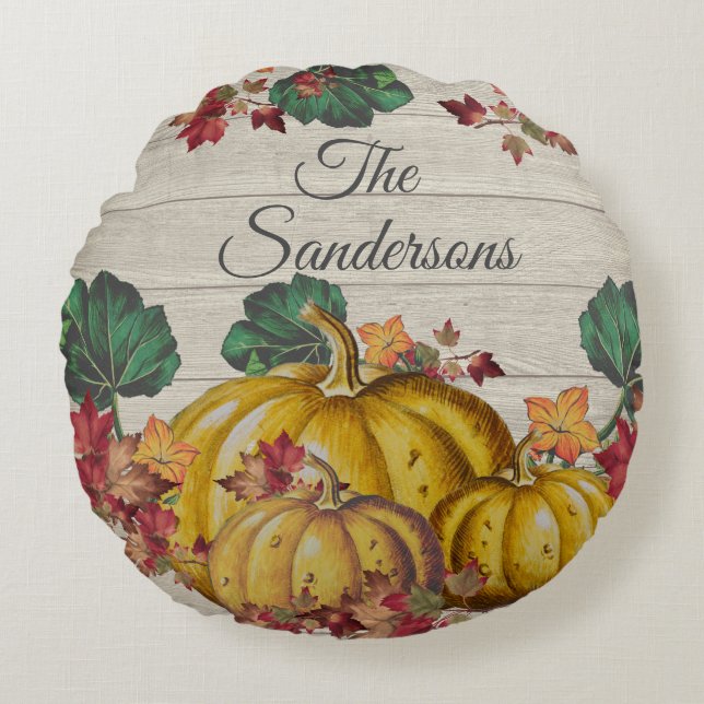 Cojín Redondo Rústica Madera Gris Otoño Naranja Calabaza Hojas C (Anverso)