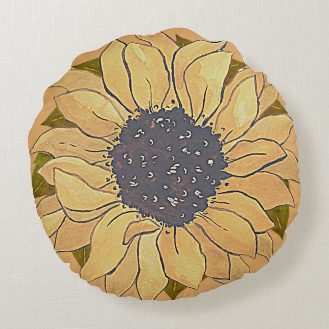 Cojín Redondo Rústico Amarillo amarillo girasol acuarela floral  (Reverso)