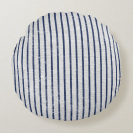 Cojín Redondo Rústico Gris Linen & Navy Blue Stripes Pattern
