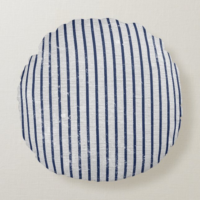 Cojín Redondo Rústico Gris Linen & Navy Blue Stripes Pattern (Anverso)