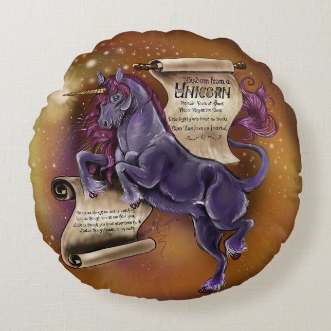 Cojín Redondo Sabiduría de un Unicornio (Anverso)
