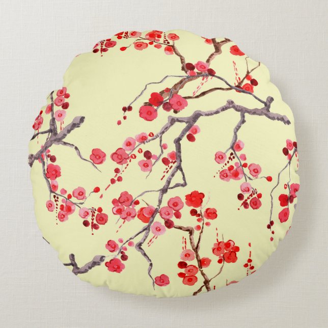 Cojín Redondo Sakura Blossom Watercolor Patrón sin foco (Anverso)