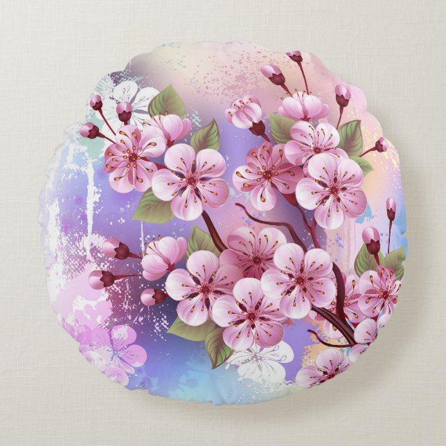 Cojín Redondo Sakura rosa sobre fondo de pintura (Anverso)
