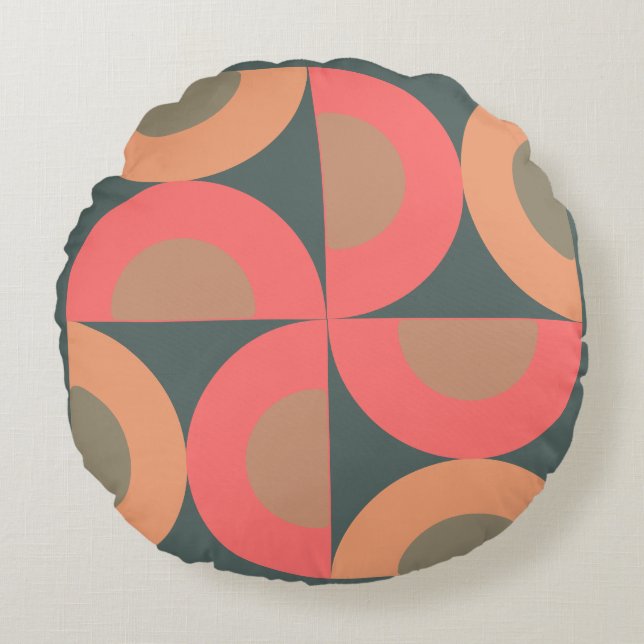 Cojín Redondo Salmón y oliva modernos de mediados del siglo XX (Anverso)