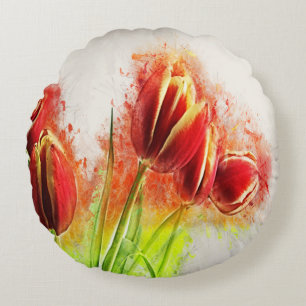 Cojín Redondo Salpicaduras de acuarela Tulipanes rojos y amarill