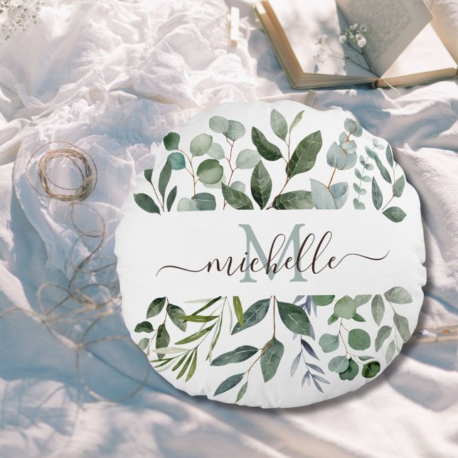 Cojín Redondo Saltos de vegetación de eucalipto verde verde mono (In situ)