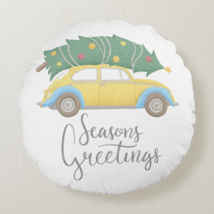 Cojín Redondo Saludos de temporada Coche y árbol