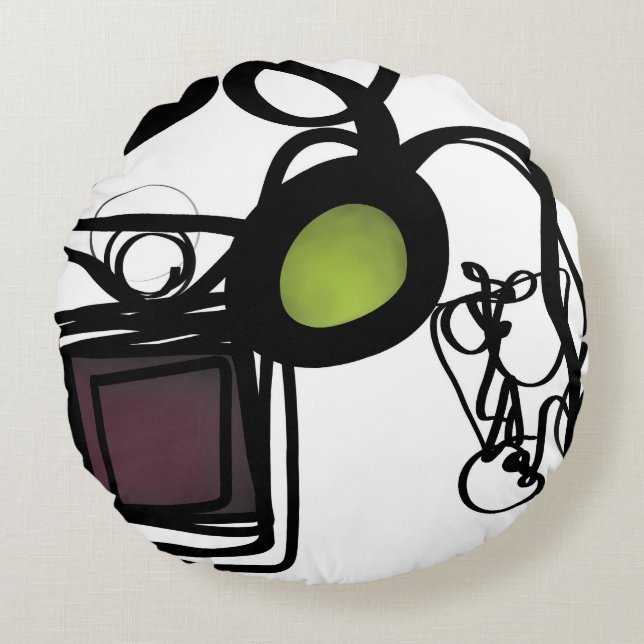 Cojín Redondo Saludos desde Filydion: Resumen en blanco y negro (Anverso)