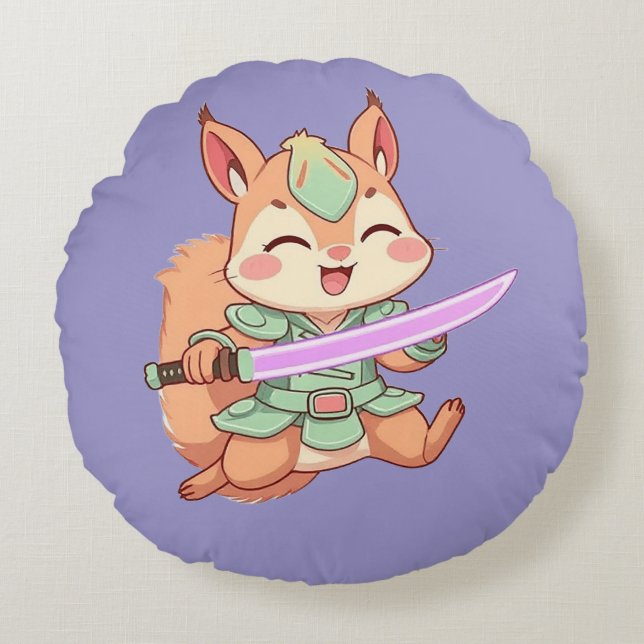 Cojín Redondo Samurái de ardilla Kawaii. (Anverso)