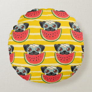 Cojín Redondo Sandía De Perro Pug: Verano Sin Marea.