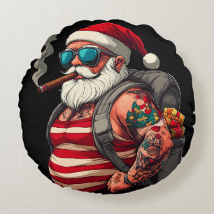 Cojín Redondo Santa Claus de Navidad con Tatuajes Rebeldes en la
