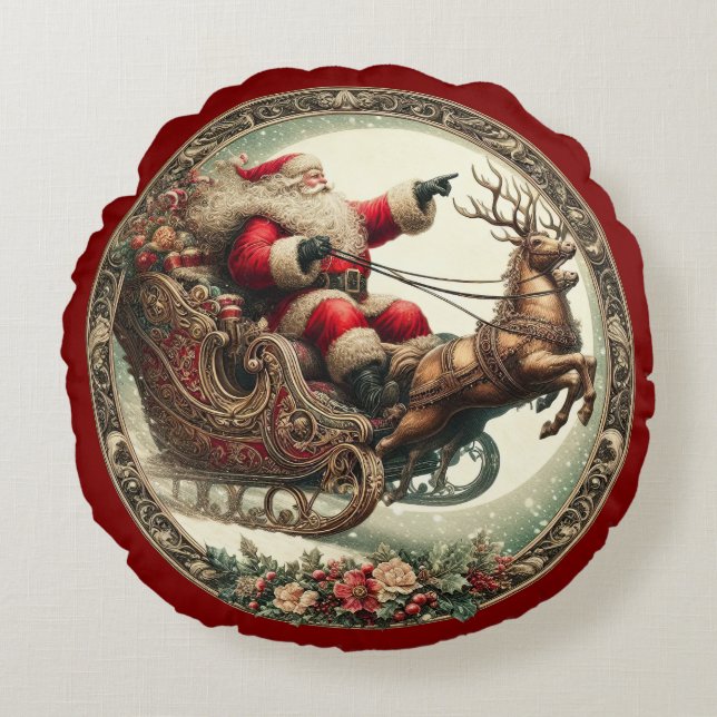 Cojín Redondo Santa Claus en trineo y reno (Anverso)