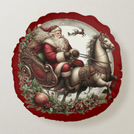 Cojín Redondo Santa Claus en un trineo y un caballo