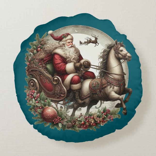 Cojín Redondo Santa Claus en un trineo y un caballo (Reverso)