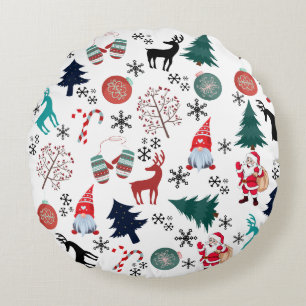 Cojín Redondo Santa Claus Reindeer Pine Trees Mittens