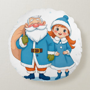 Cojín Redondo Santa Claus sonriente y doncella de nieve