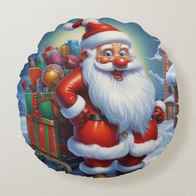 Cojín Redondo Santa Cláusula Feliz Navidad Feliz Año Nuevo (Anverso)