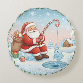 Cojín Redondo Santa de Navidad personalizado pescando en hielo  