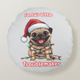Cojín Redondo Santa’s Little Troublemaker Pug Round Pillow