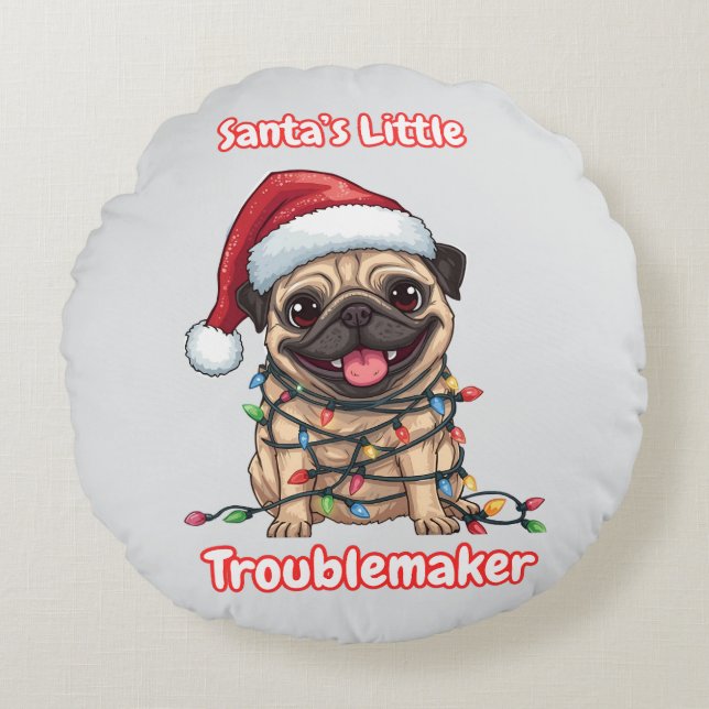 Cojín Redondo Santa’s Little Troublemaker Pug Round Pillow (Anverso)