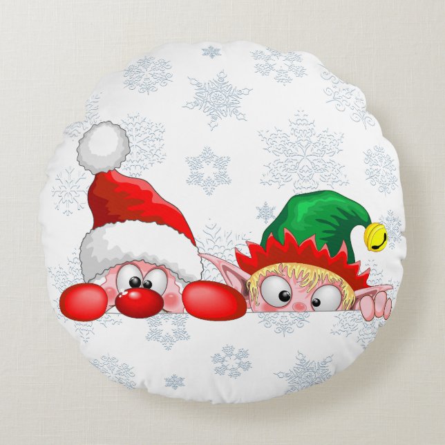 Cojín Redondo Santa y Elf Cute y graciosos personajes Peeking (Anverso)