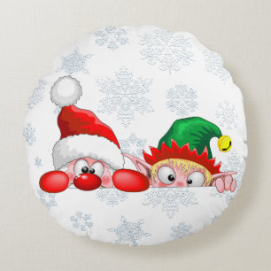 Cojín Redondo Santa y Elfo Dibujo Animado de Navidad Divertido y
