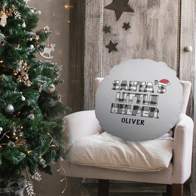 Cojín Redondo Santa's Little Helper Personalized  (santa's little helper Christmas personalized round pillow. black and white plaid check design)